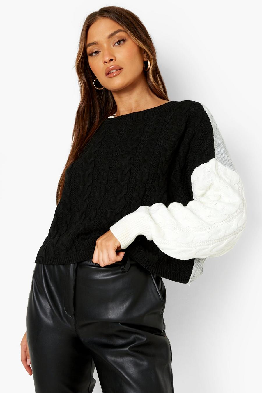 Black Color Block Cable Knit Sweater image number 1