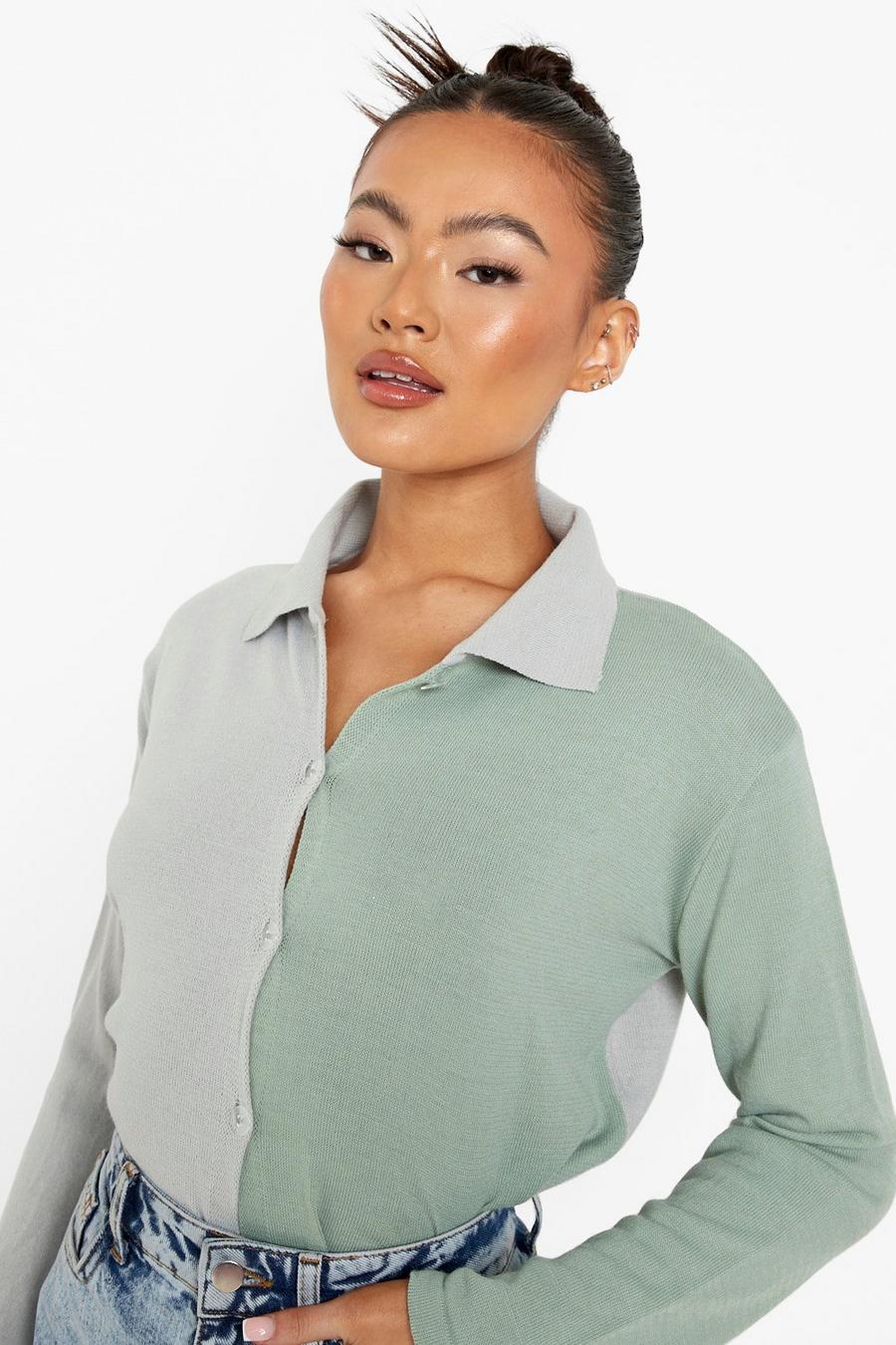 Sage Colour Block Knitted Shirt image number 1