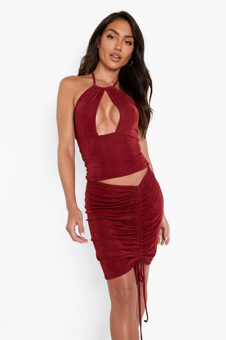 Berry Slinky Cut Out Ruched Mini Dress image number 1