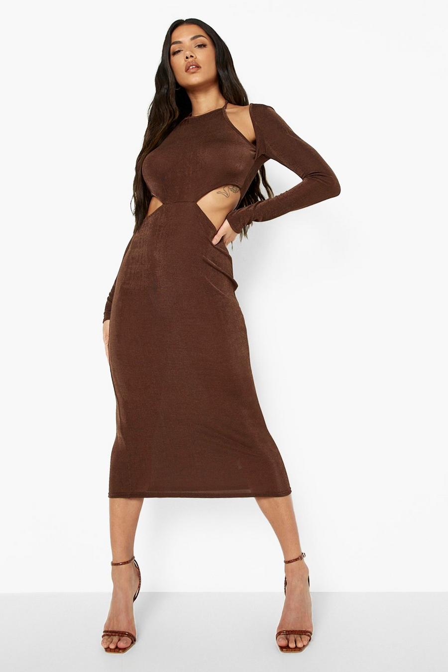 Chocolate Cut Out Long Sleeve Midaxi Dress image number 1