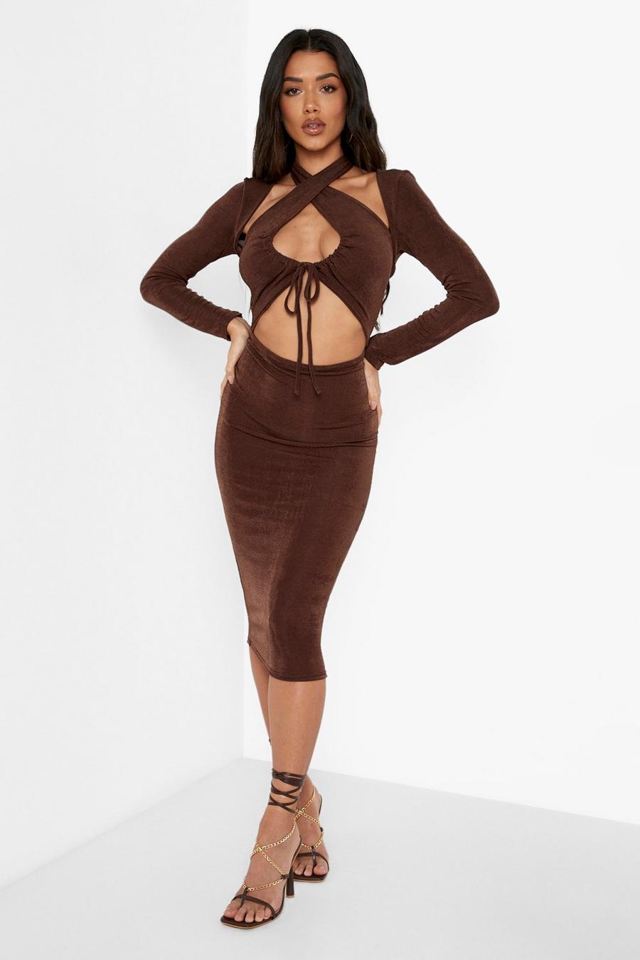 Chocolate Slinky Ruched Cut Out Midi Dress image number 1