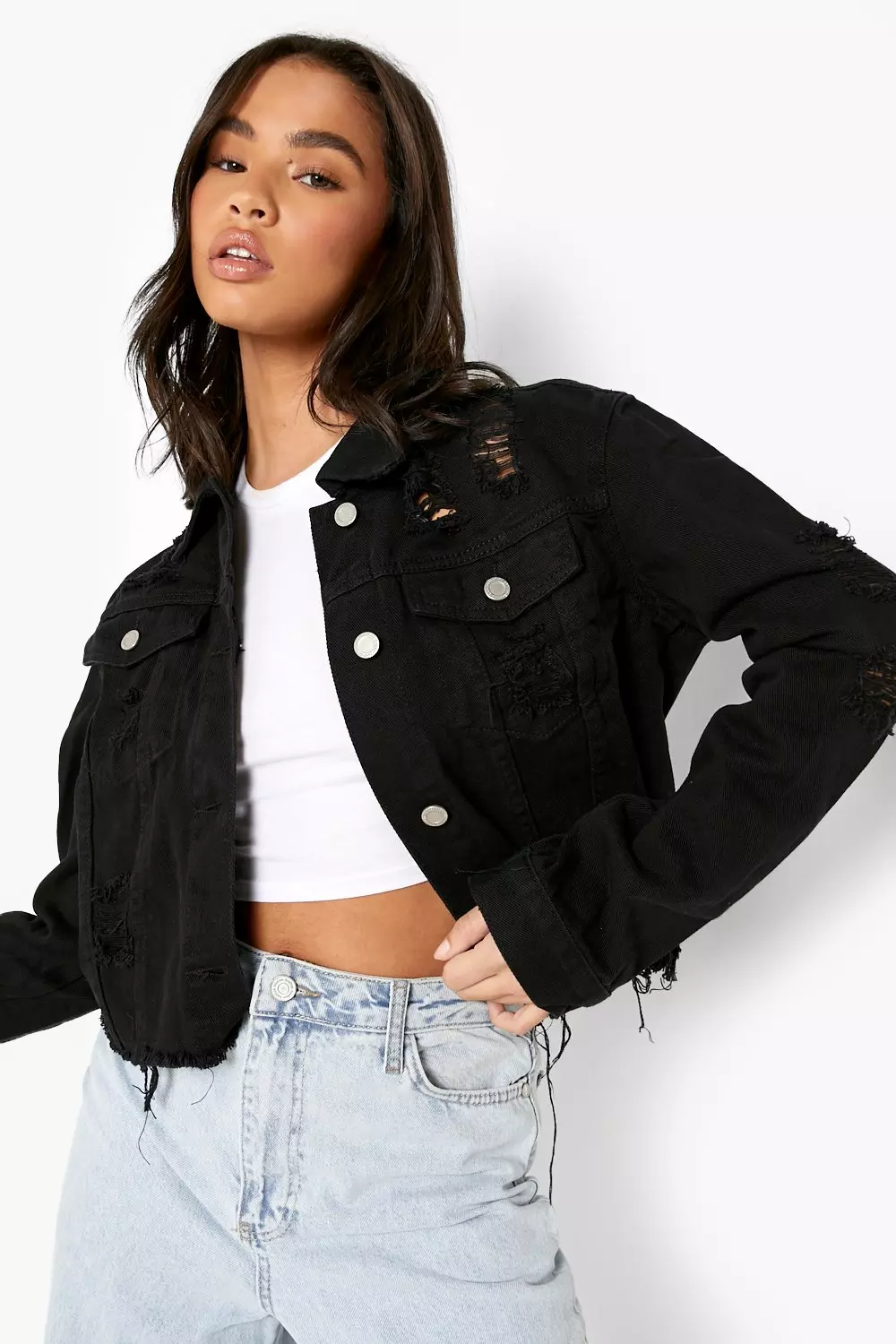 Distressed cropped 2025 denim jacket black