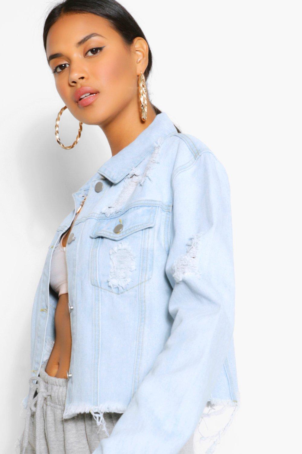 Cropped Distressed Denim Jacket boohoo UK