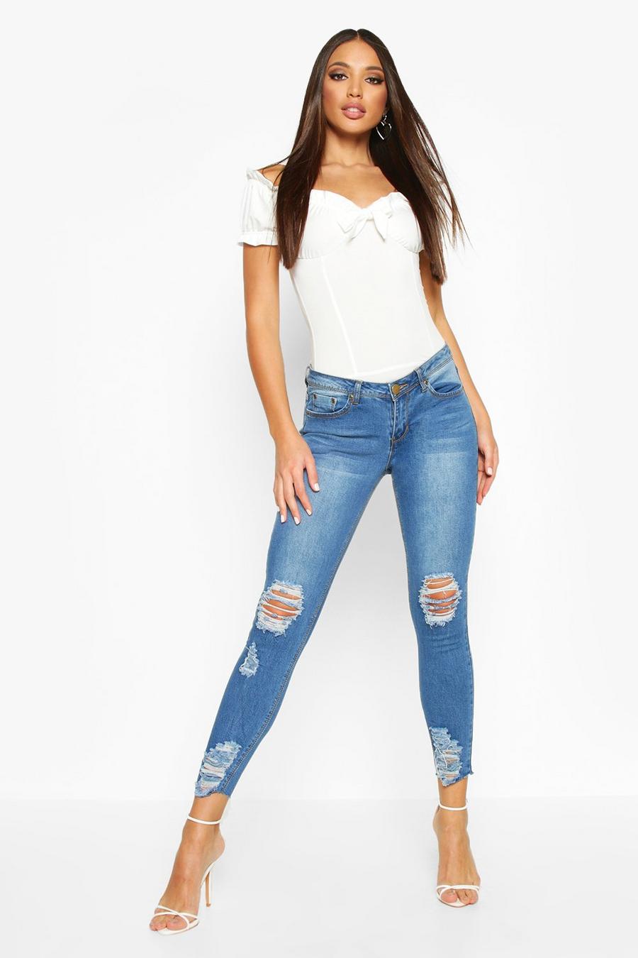 Mid blue Slitna skinny jeans med mellanhög midja image number 1