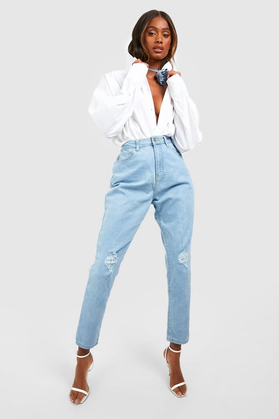Zerrissene Basics Skinny Jeans mit hohem Bund, Light wash bleu