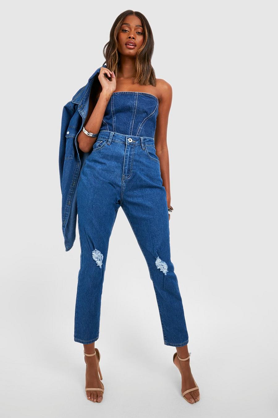 Jeans Basics a vita alta Skinny Fit effetto smagliato, Mid wash