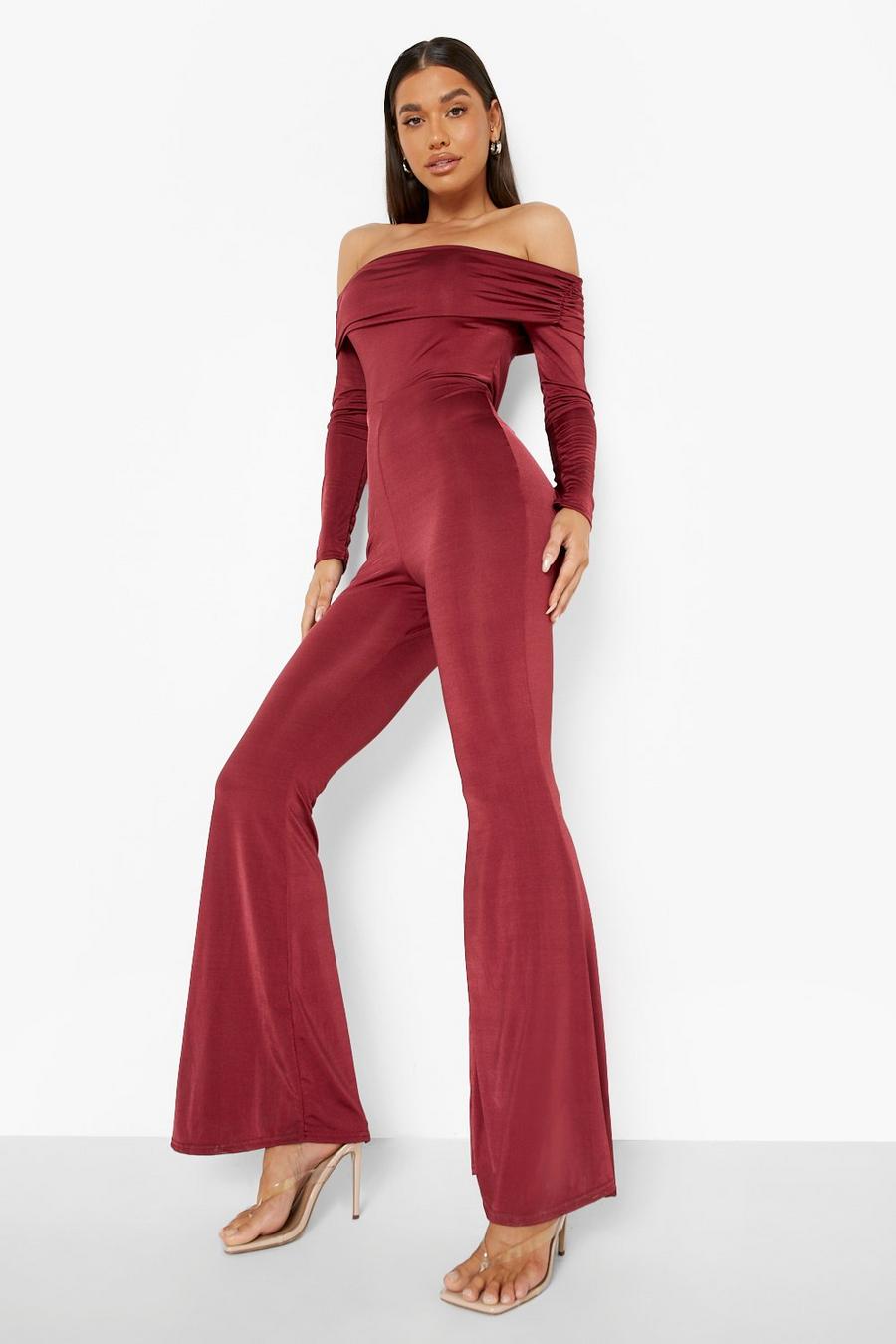 Berry red Recycled Slinky Flare Off The Shoulder Jumpsuit
