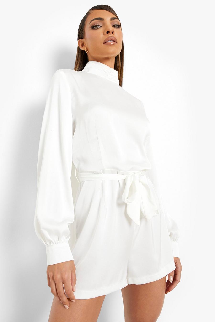 White Satin Belted High Neck Playsuit image number 1