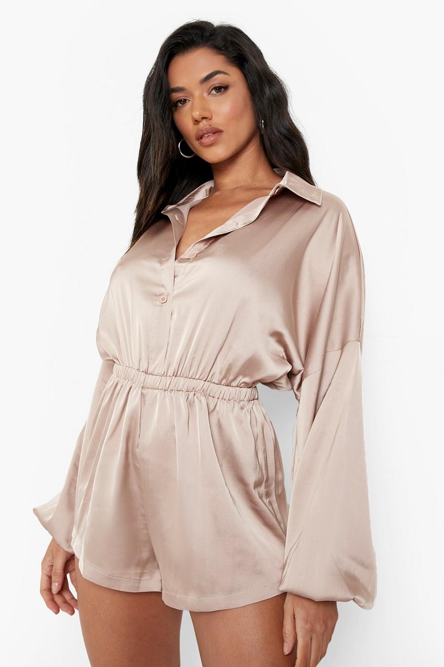 Champagne Satin Balloon Sleeve Button Down Playsuit image number 1