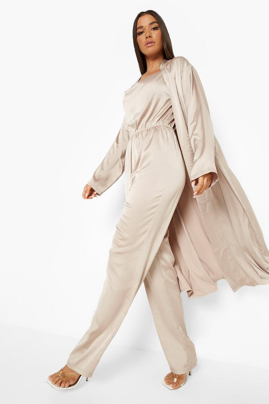 Champagne beige Satin Duster And Jumpsuit Set