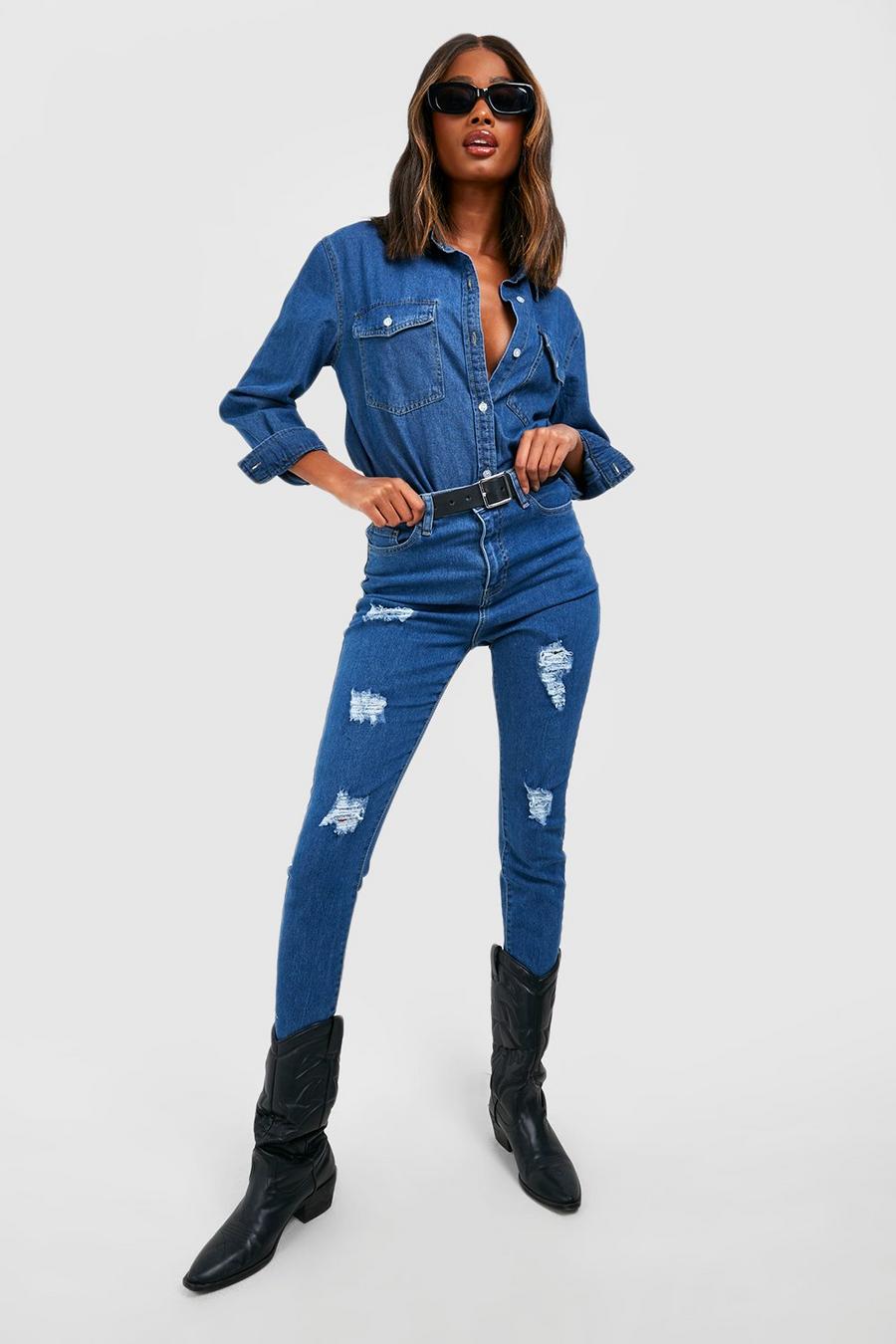 Mid blue Basic Frayed Hem Super Distressed Skinny Jeans image number 1