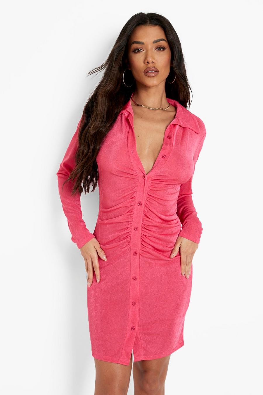Hot pink Textured Slinky Gathered Shirt Dress image number 1