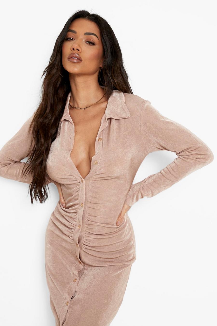 Beige Textured Slinky Ruched Midi Shirt Dress image number 1