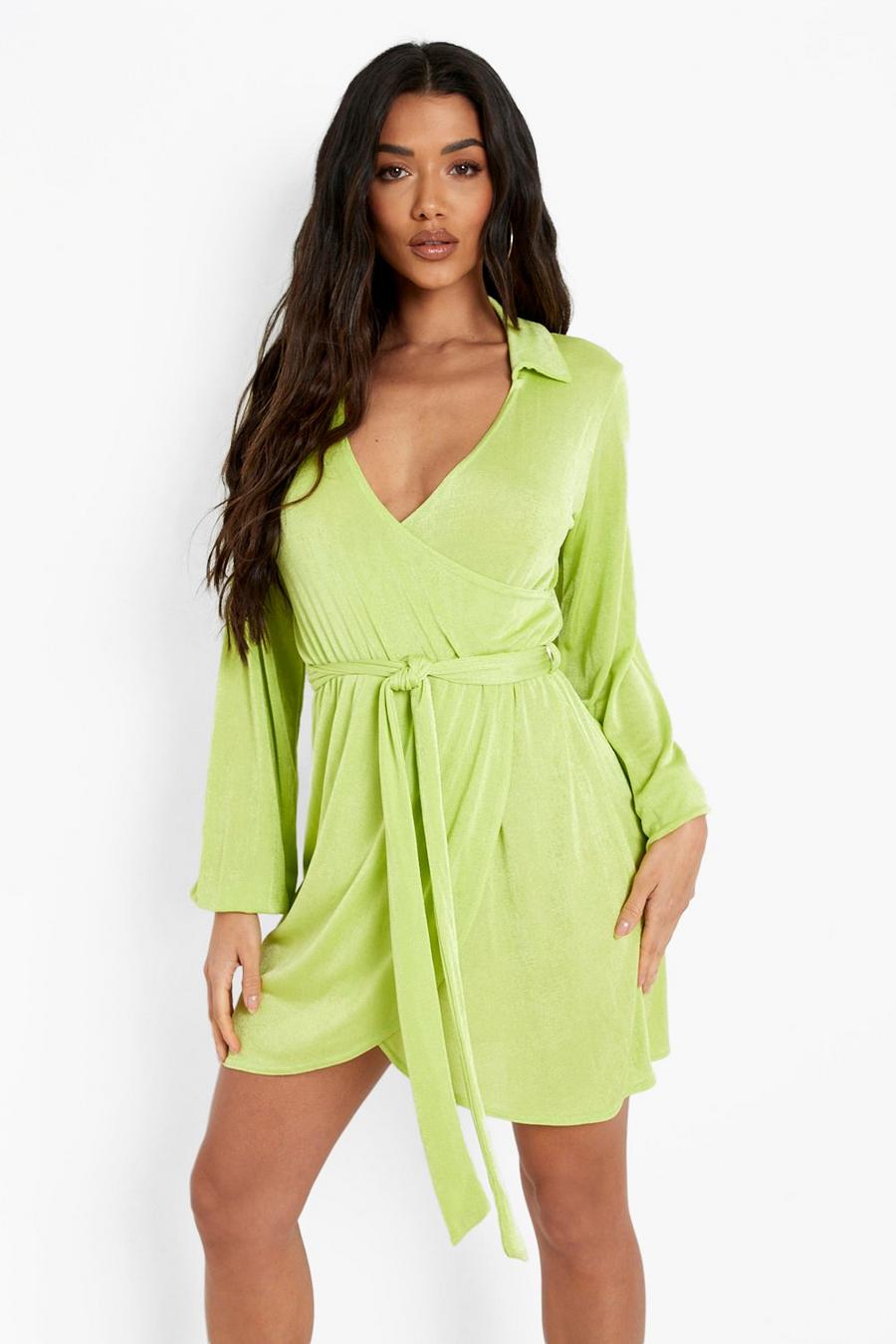 Lime Wrap Over Tie Mini Shirt Sleeve Dress image number 1