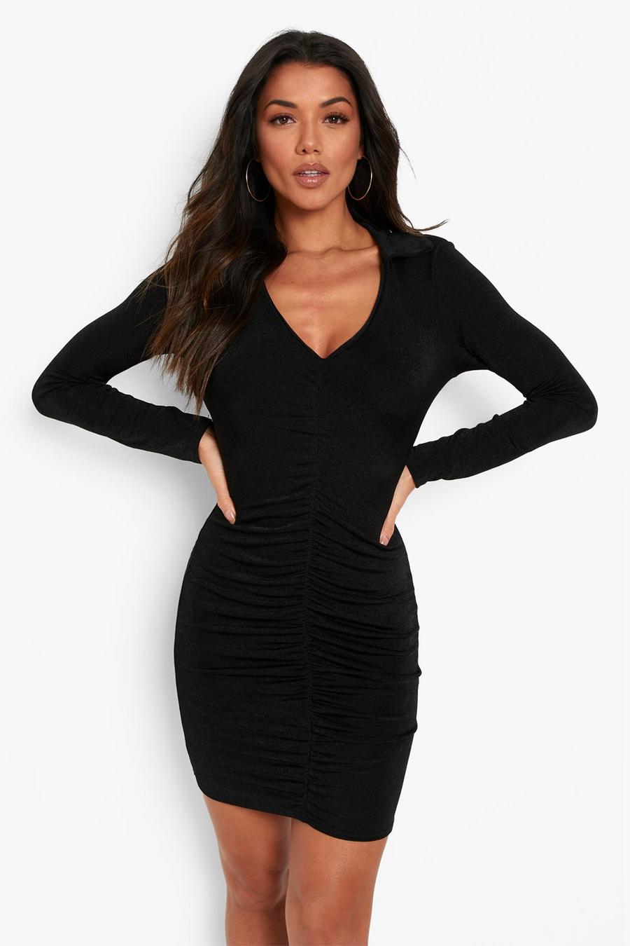 Black Slinky Ruched Front Long Sleeve Mini Dress image number 1