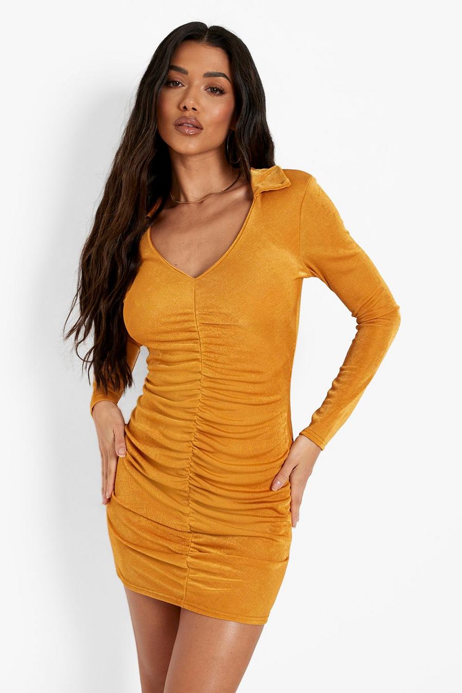 Mustard Slinky Ruched Front Long Sleeve Mini Dress image number 1