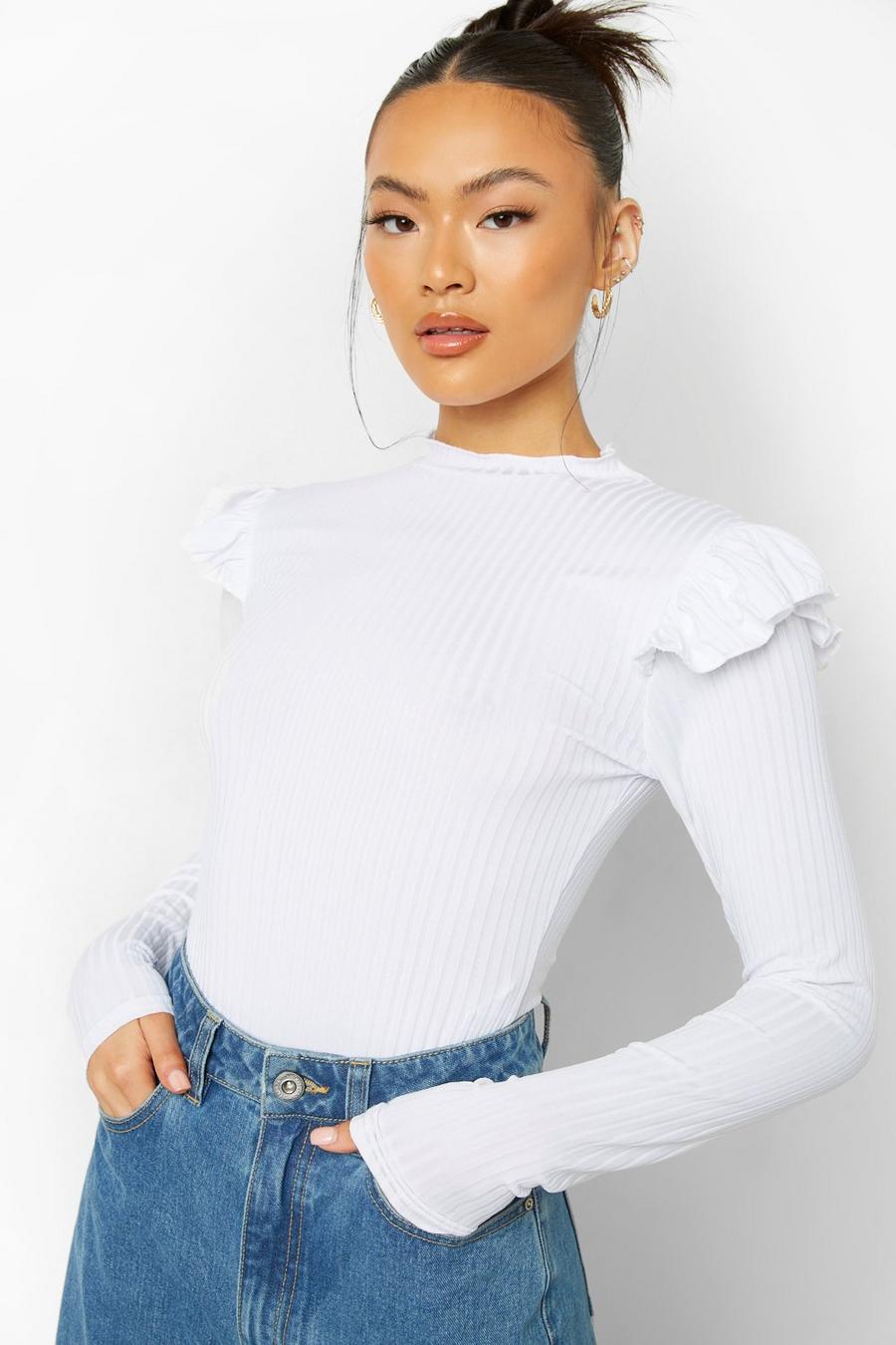 White Ruffle Neck And Shoulder Bodysuit image number 1