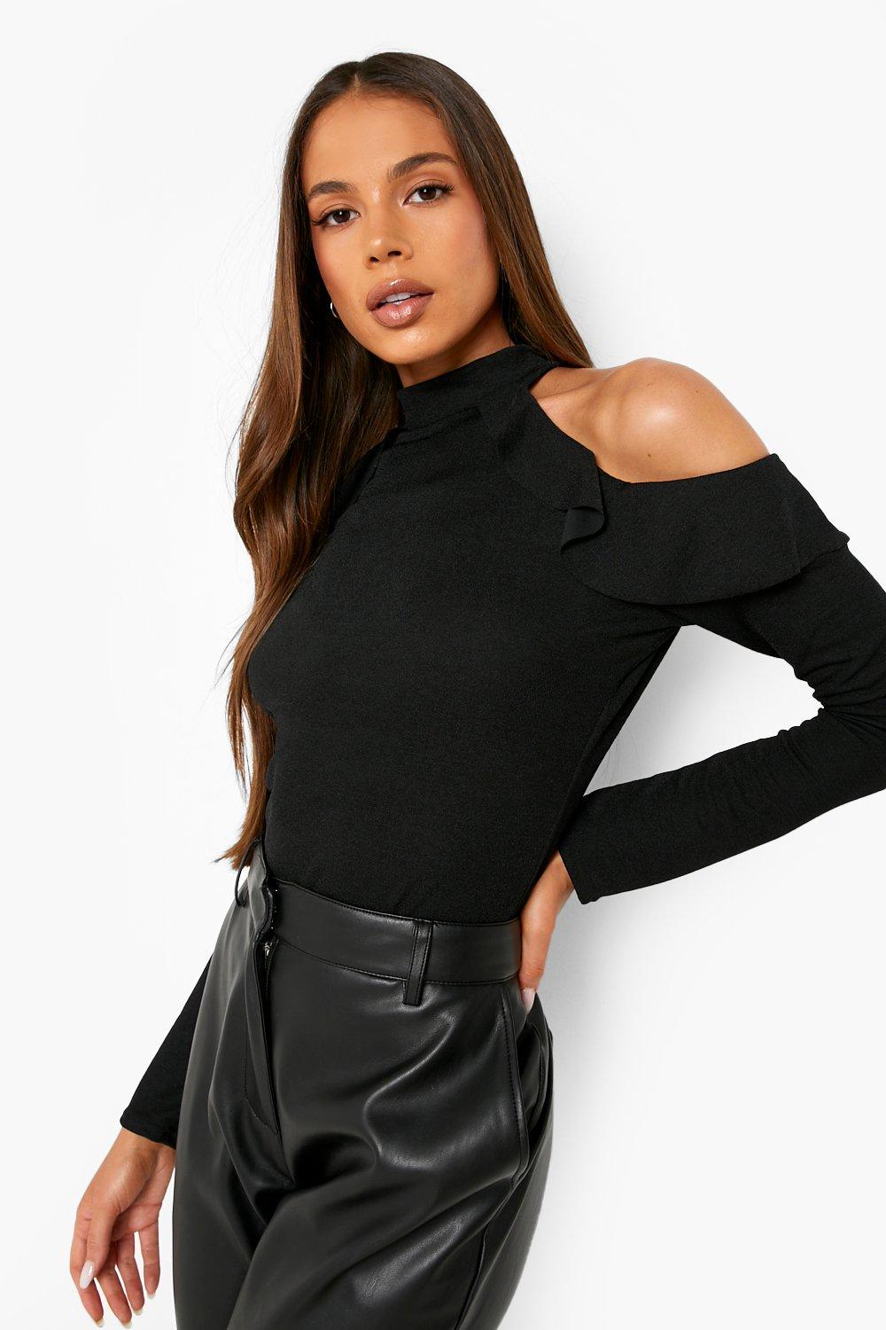 Ruffled cold shoulder top sale