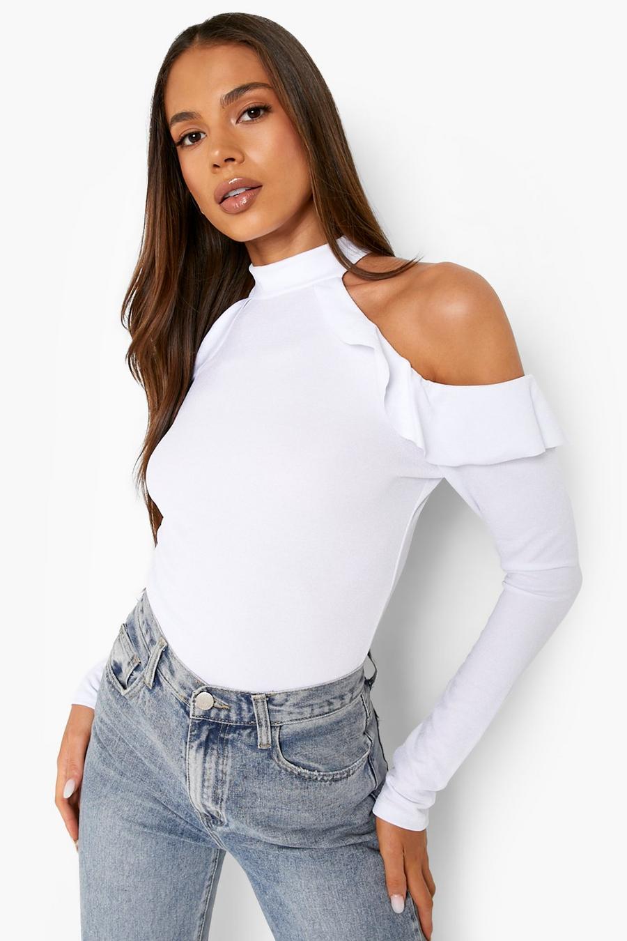 White Crepe Ruffle Cold Shoulder Top image number 1