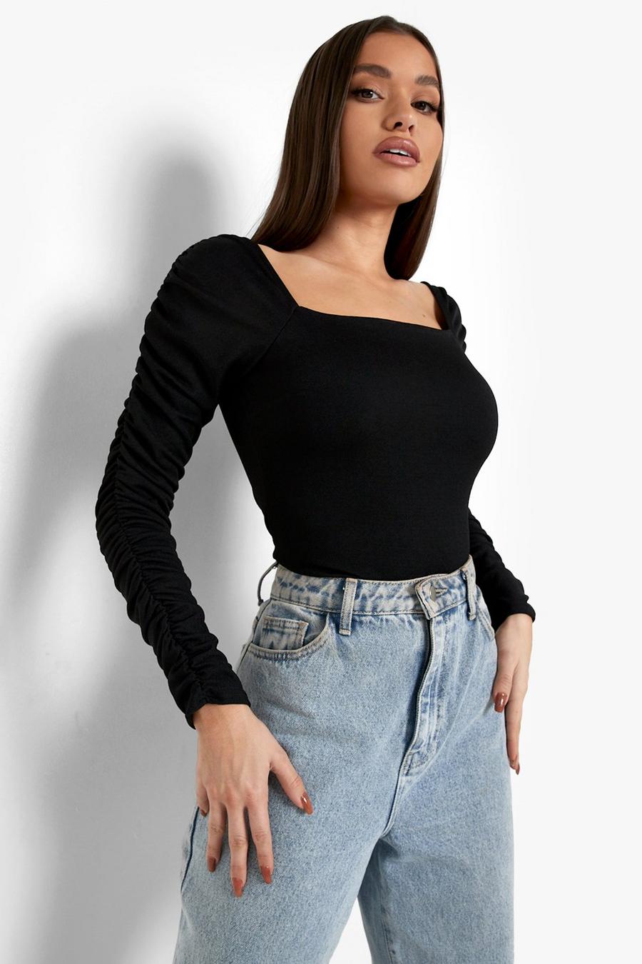 Black Crepe Square Neck Ruched Sleeve Top