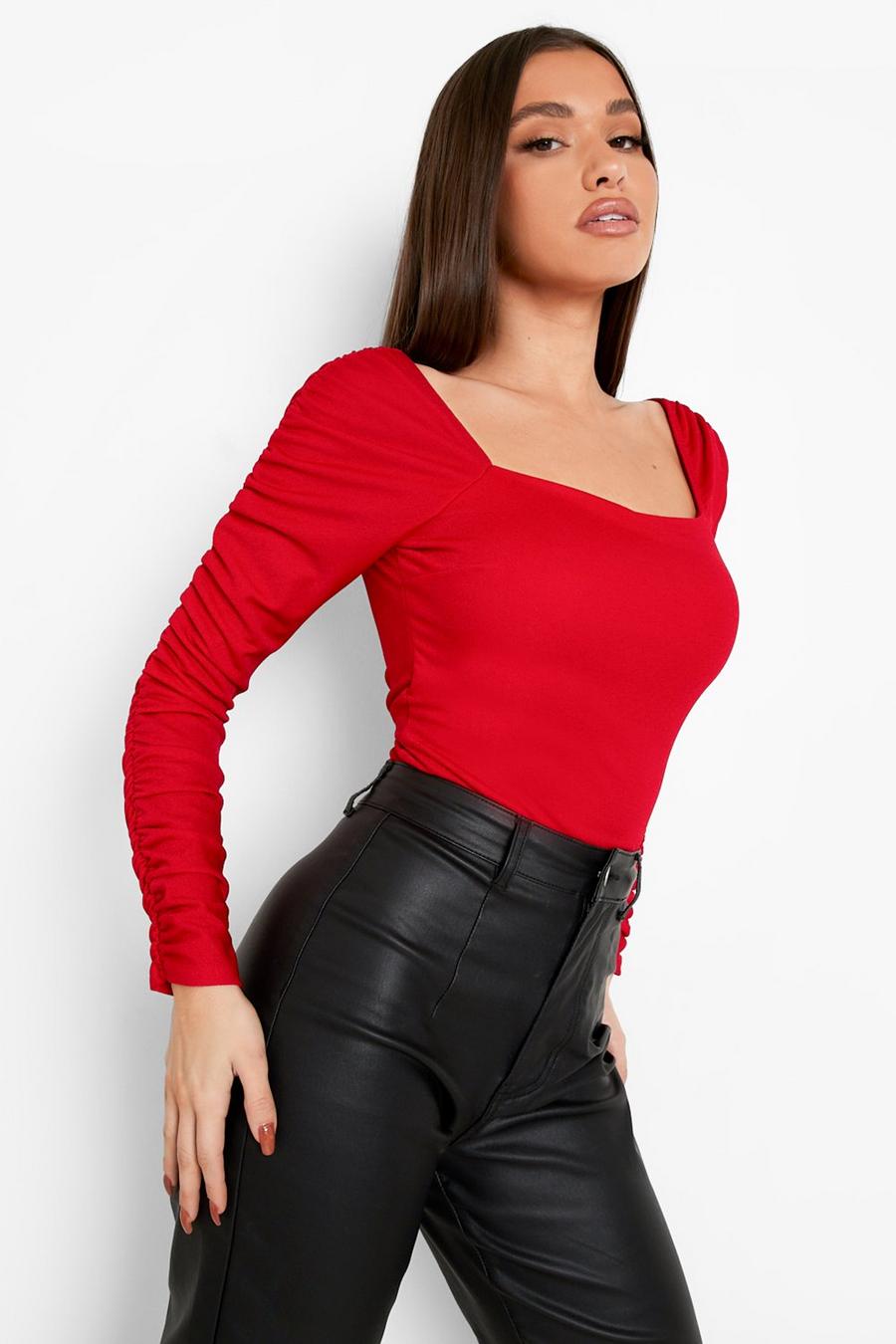 Red Crepe Square Neck Ruched Sleeve Top image number 1