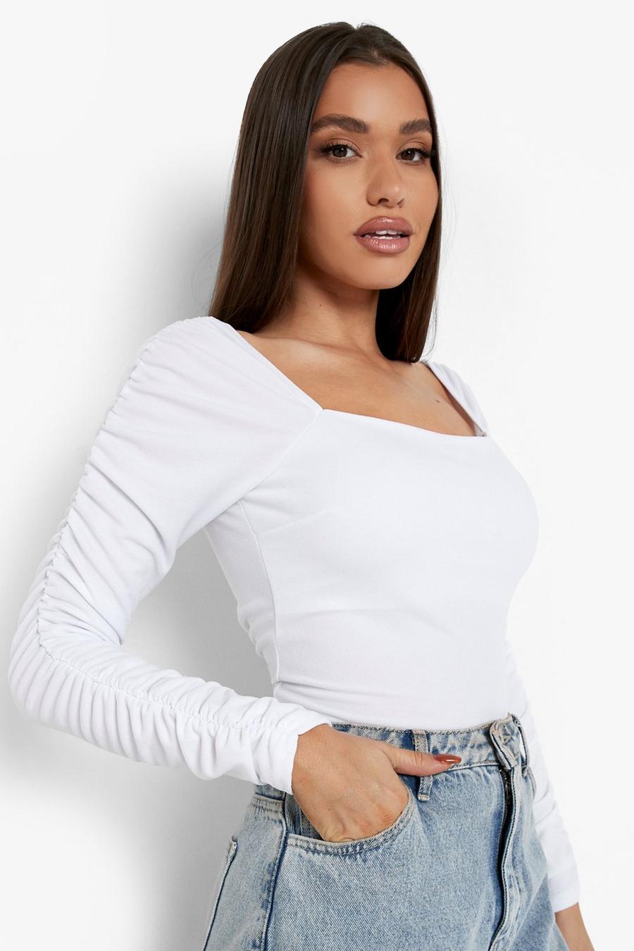White Crepe Square Neck Ruched Sleeve Top image number 1