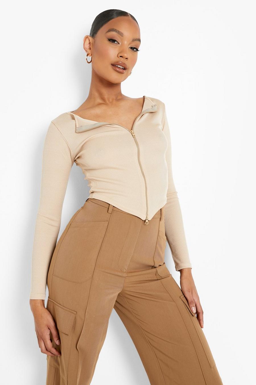 Stone beige Zip Front Long Sleeve Ribbed Top image number 1