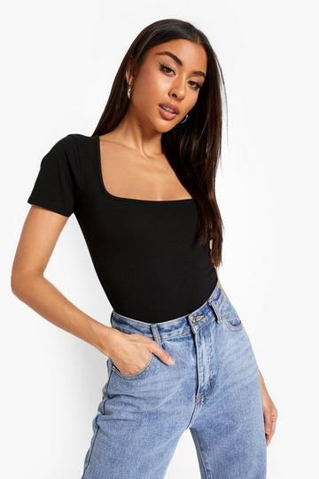 Basic Short Sleeve Square Neck Bodysuit black