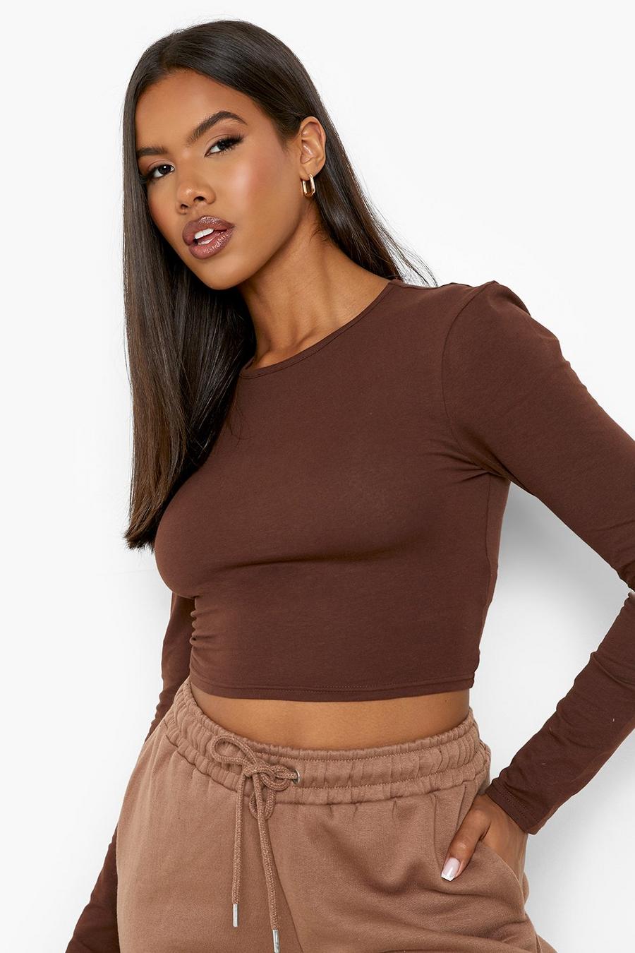 Chocolate brown Basic Long Sleeve Crew Neck Top image number 1