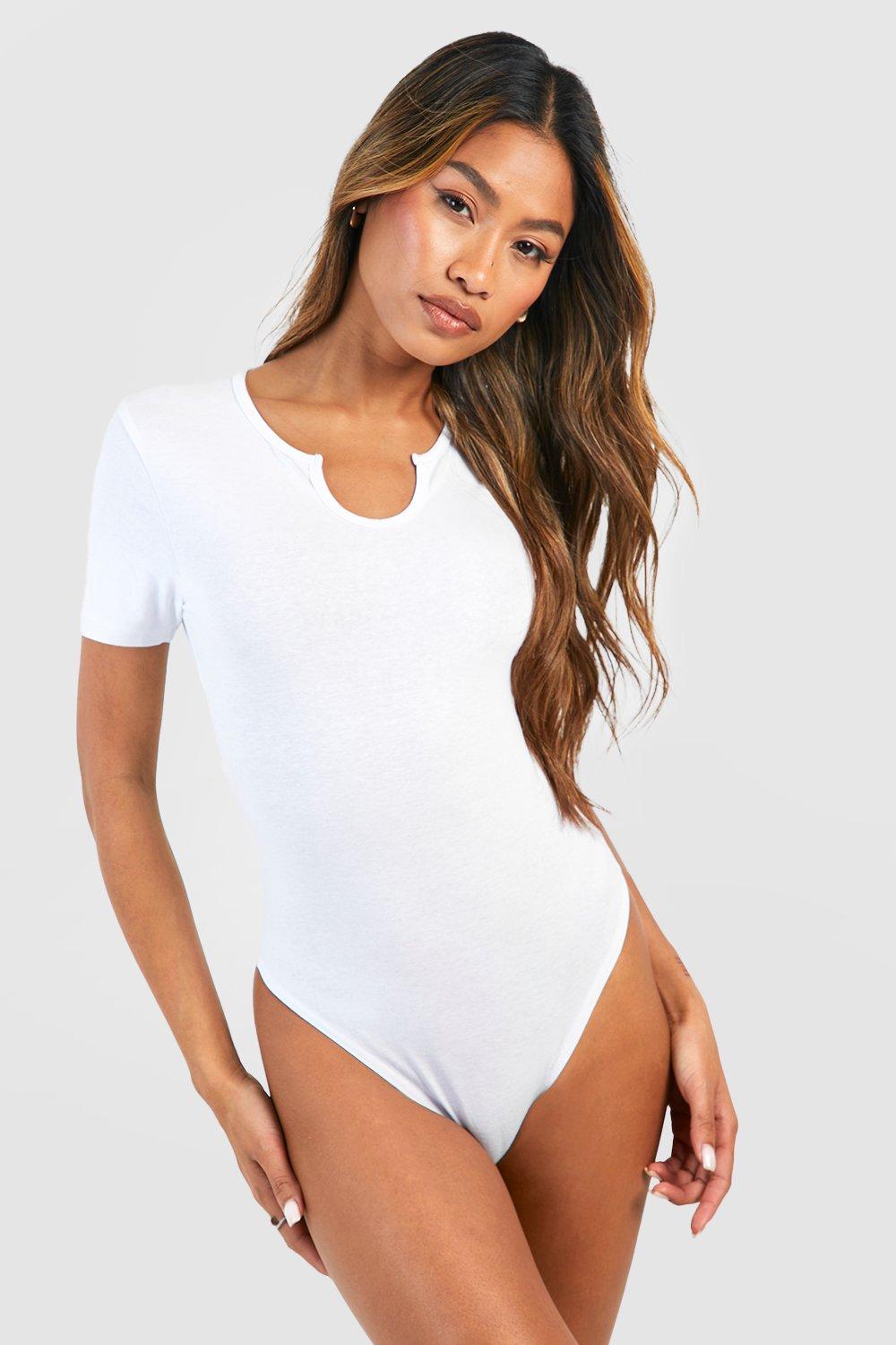 White Basic Short Sleeve Notch Neck Bodysuit boohoo UK