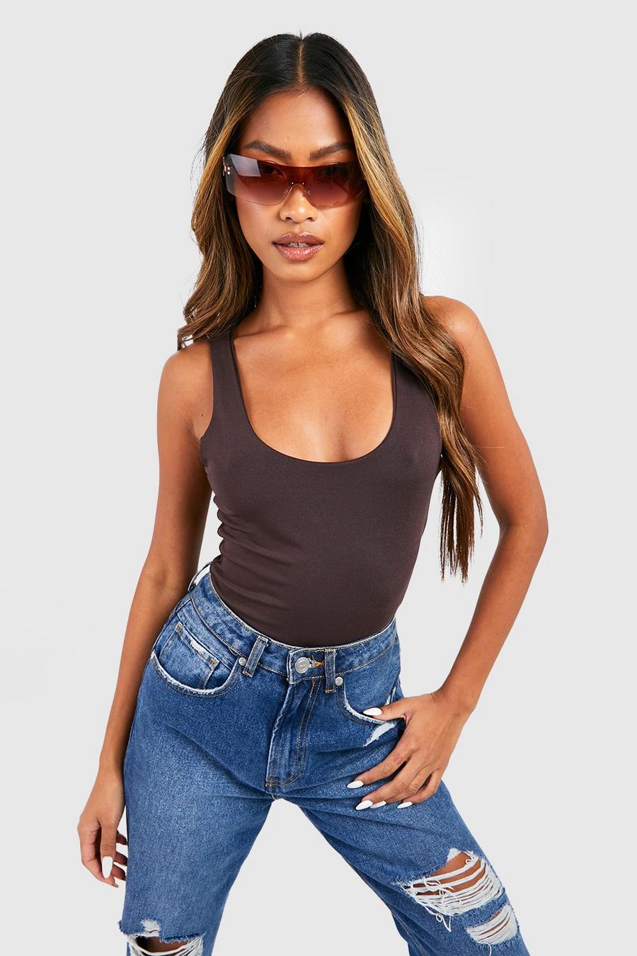 Chocolate brown Double Layer Scoop Neck Bodysuit image number 1
