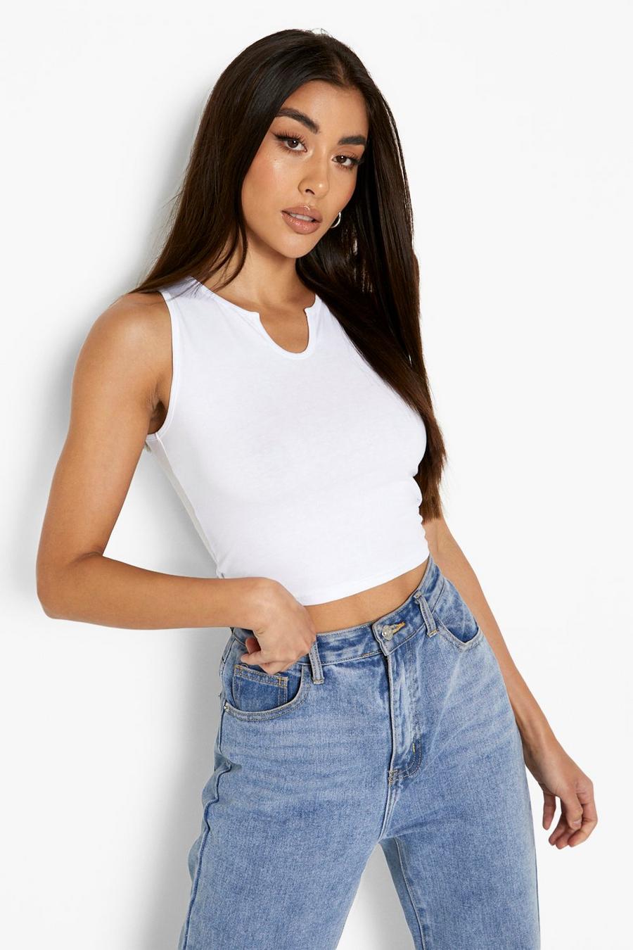 White Basic Cropped Notch Neck Tank Top image number 1