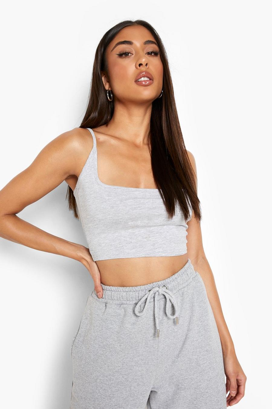 Grey marl Basic Square Neck Strappy Crop Top image number 1