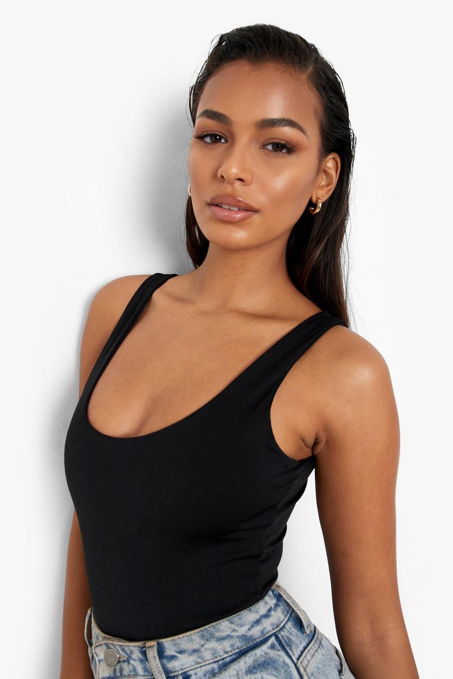 Black Double Layer Racer Bodysuit image number 1