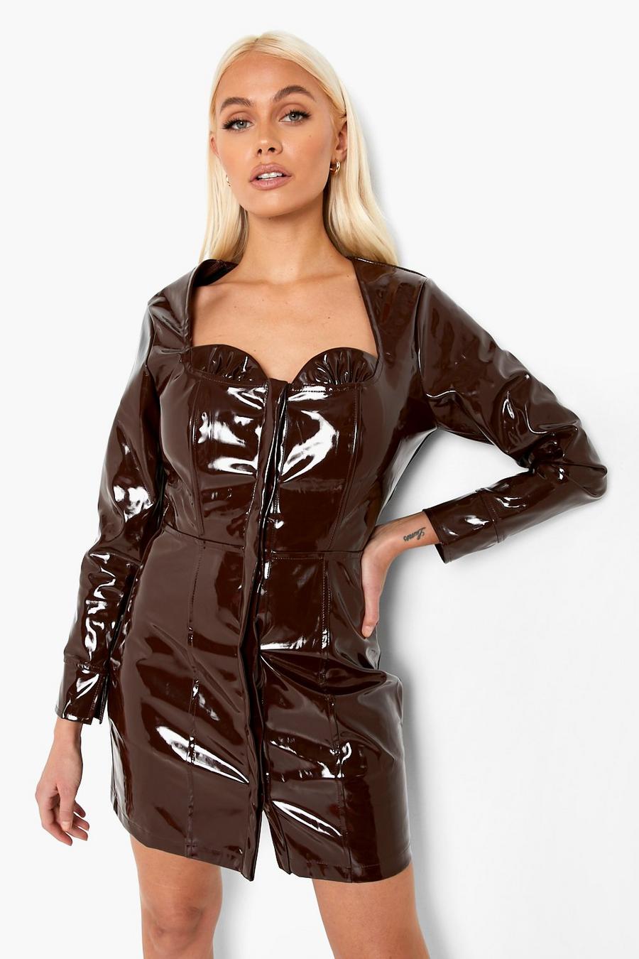 Robe courte en vinyle style corset, Chocolate image number 1