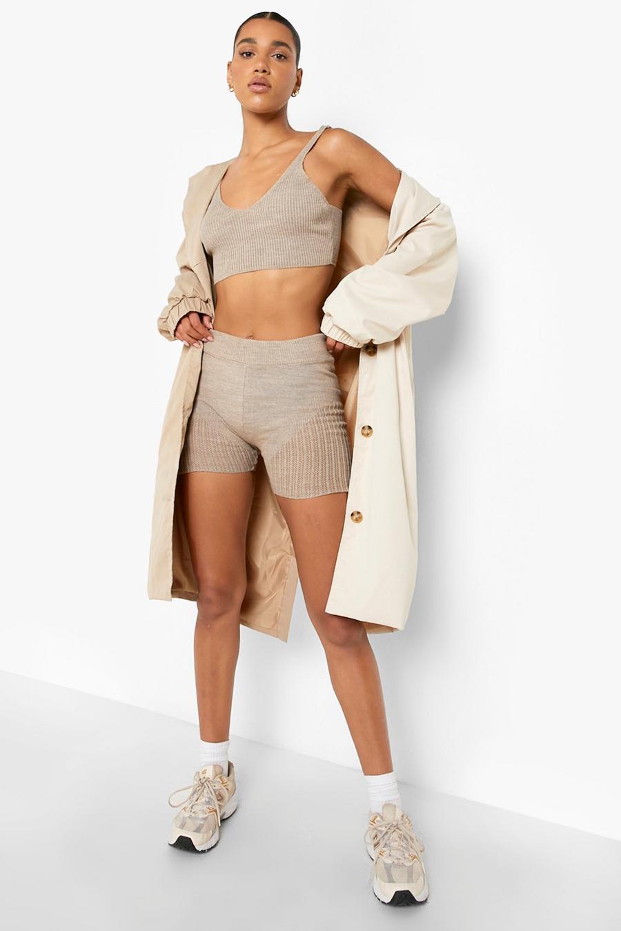 Almond beige Knitted Seam Detail Cycling Shorts