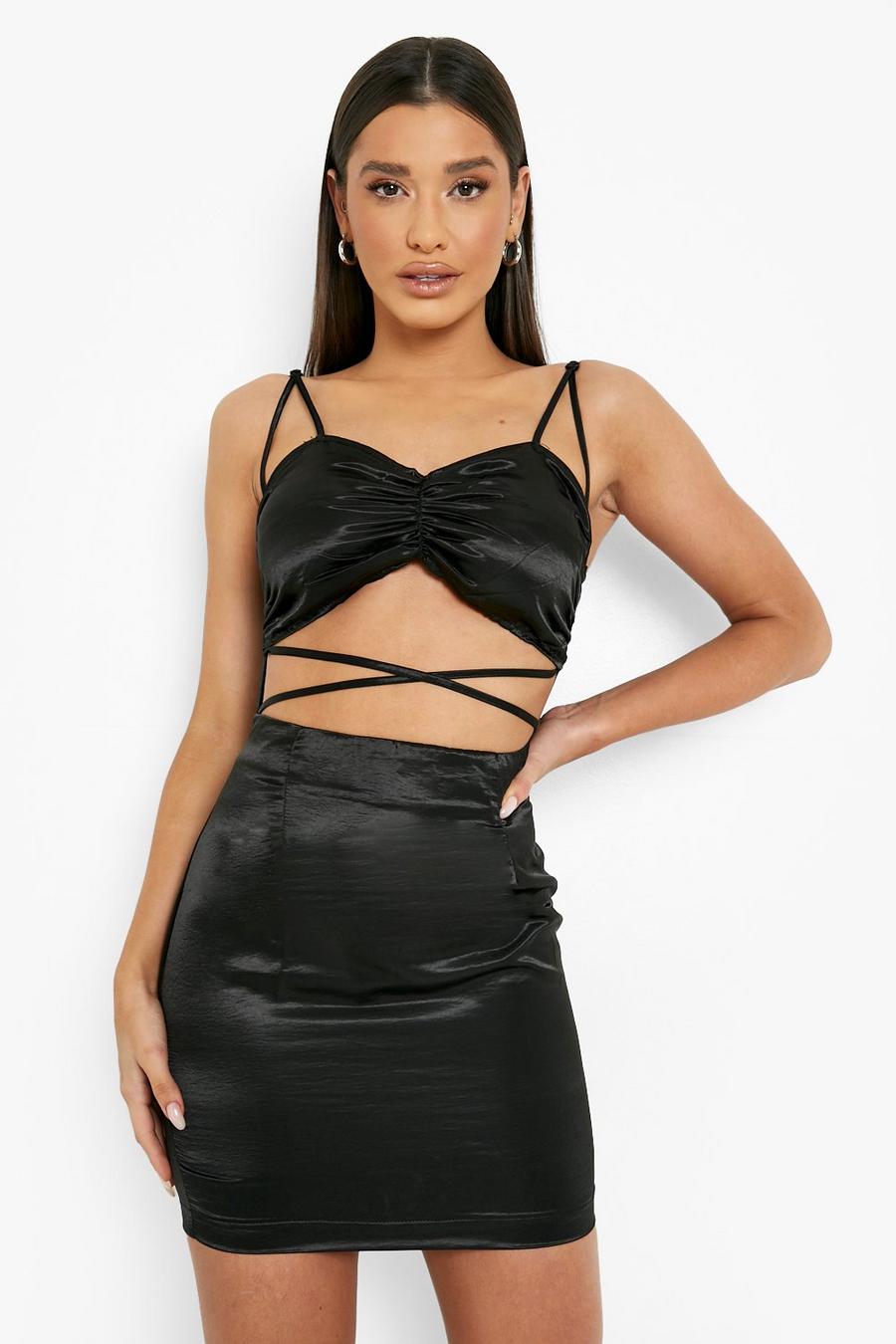 Black Satin Ruched Detail Strappy Mini Dress image number 1