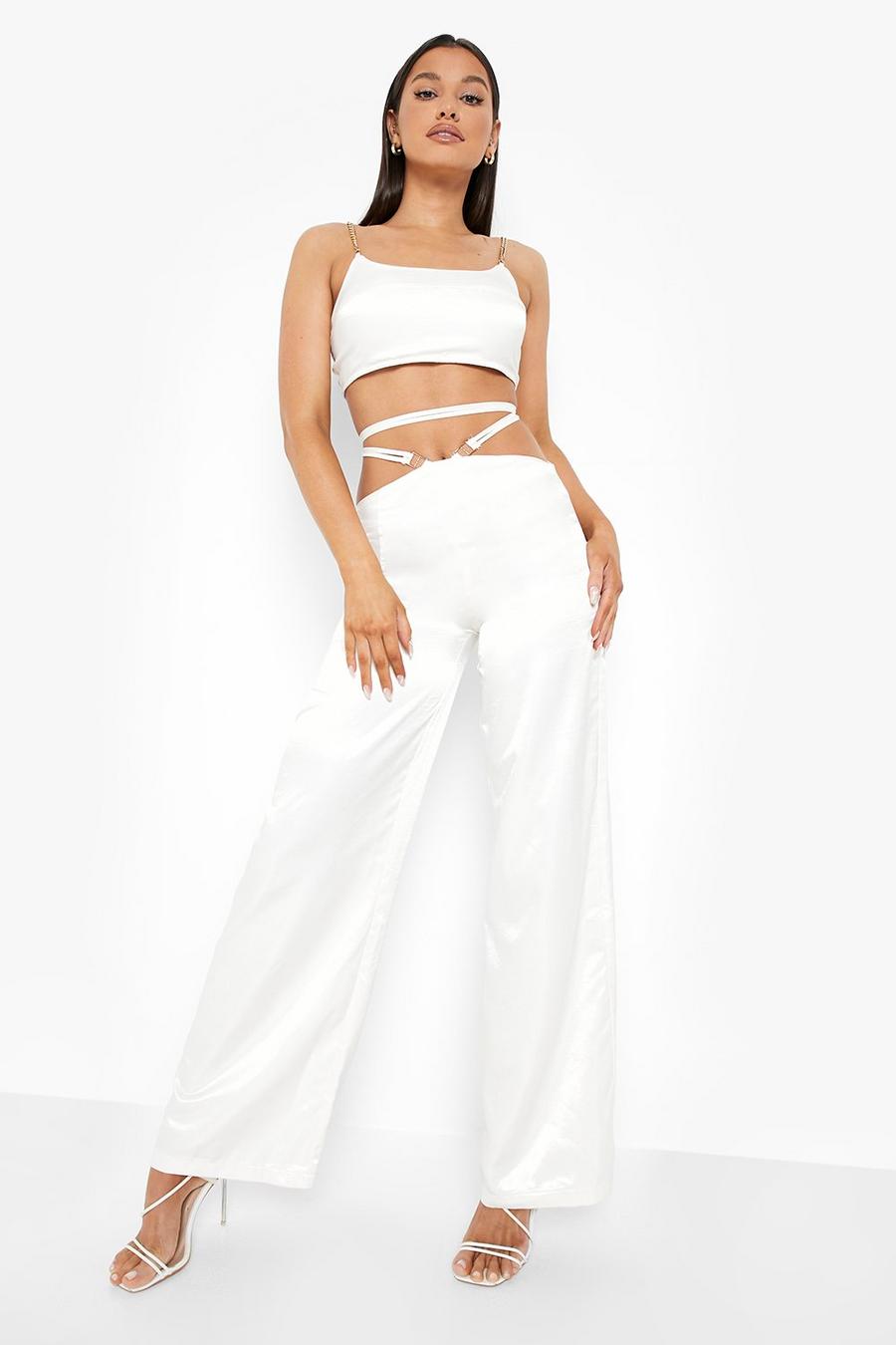 Ecru Satin Strappy Cut Out Wide Leg Pants image number 1