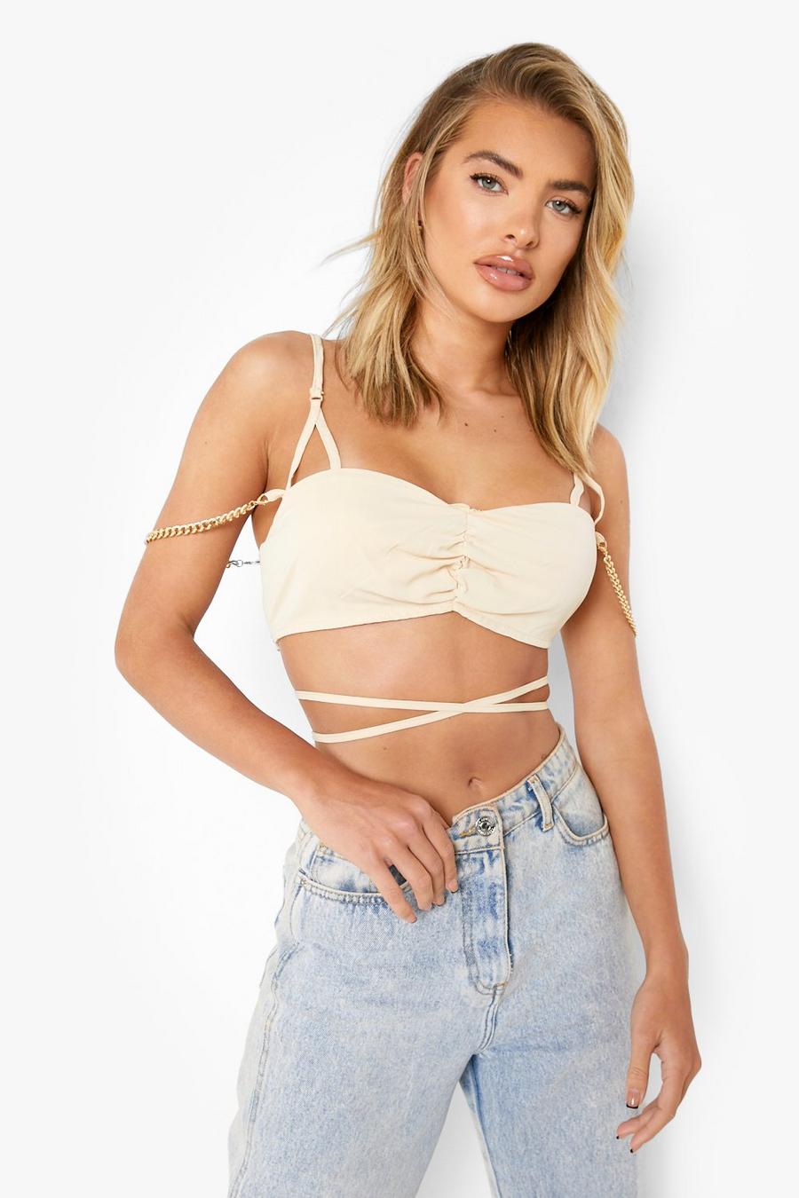 Stone Strappy Ruched Chain Detail Bralet image number 1