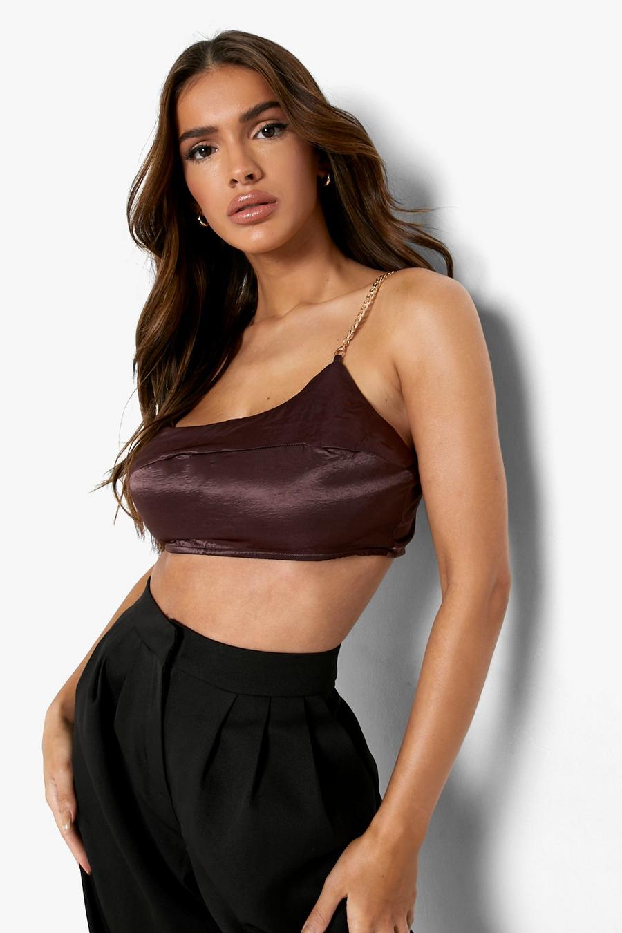 Chocolate Chain Detail Satin Paneled Bralette image number 1