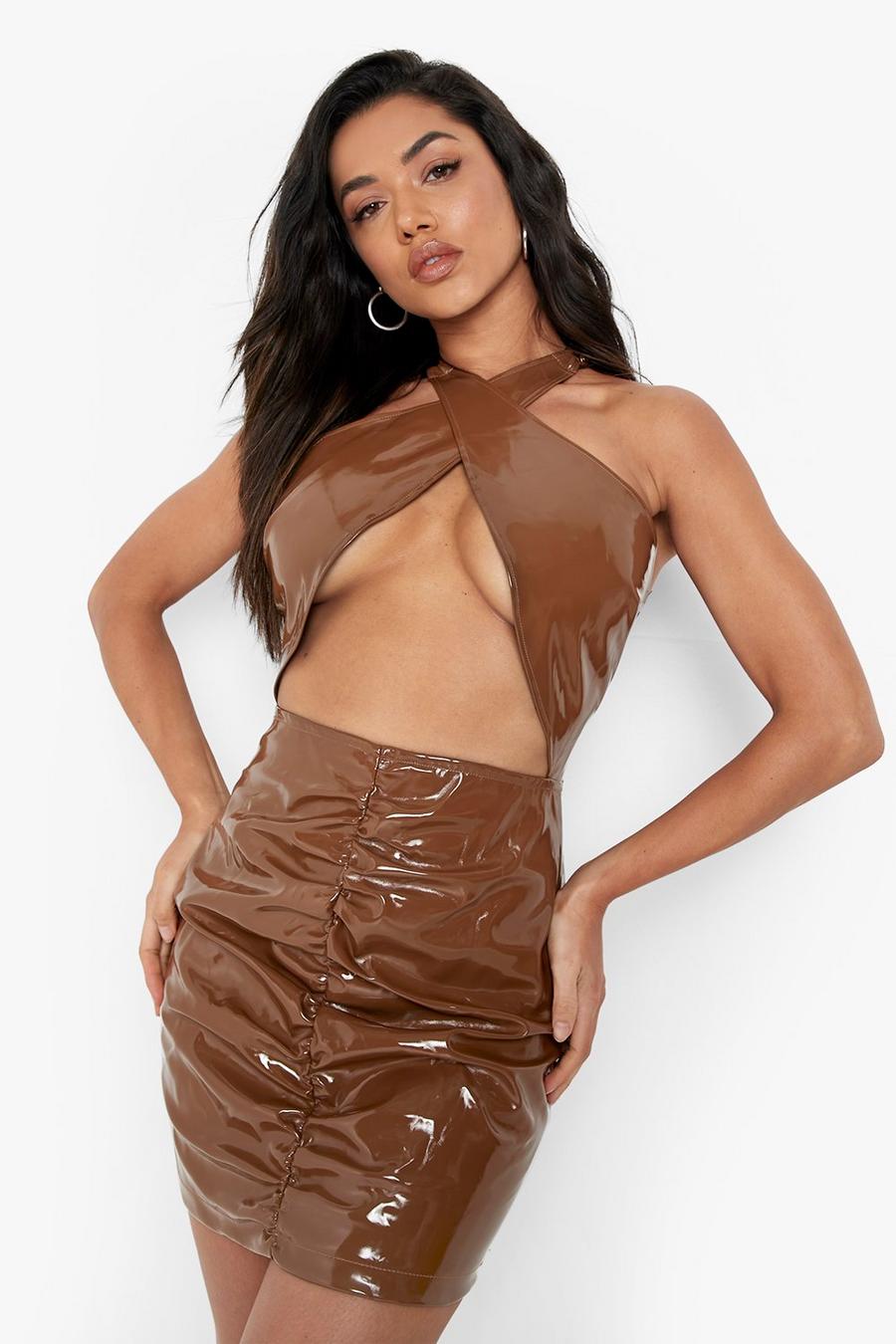 Brown marrón Pu Wrap Bust Ruched Chain Detail Mini Dress
