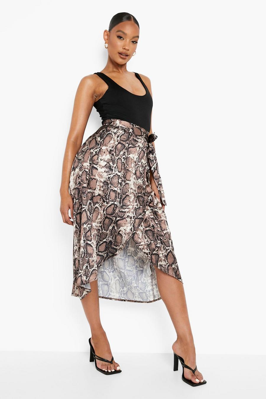 Brown Snake Woven Wrap Midi Skirt