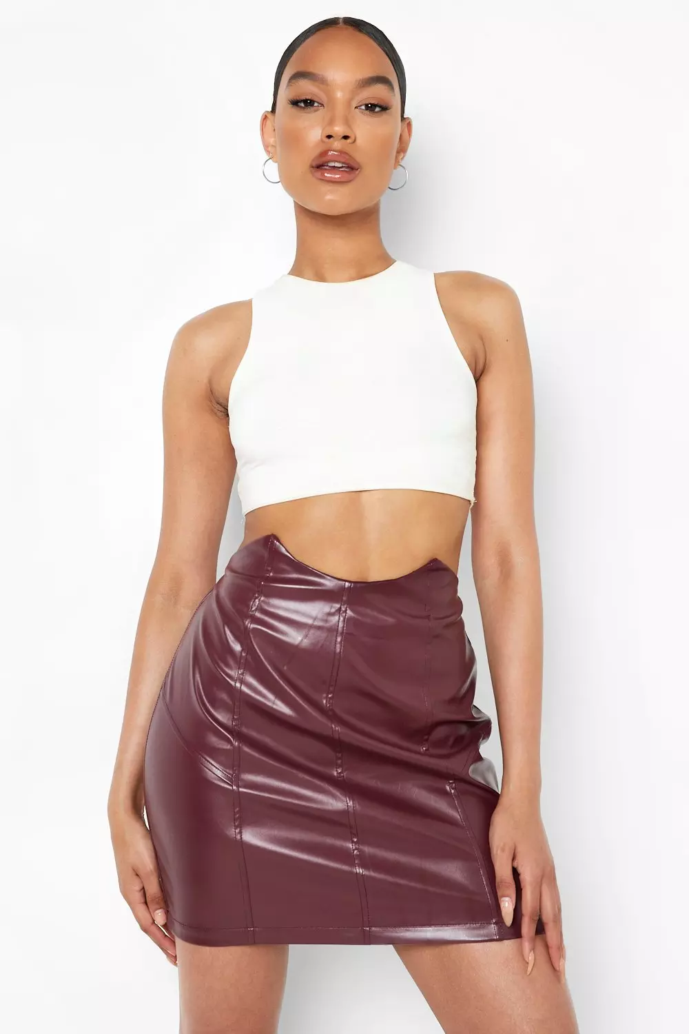 Burgundy leather outlet look mini skirt