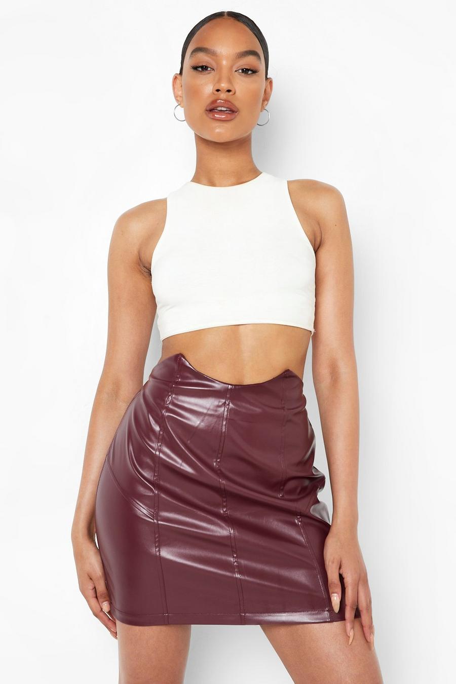 Berry red Panel Waist Detail Leather Look Mini Skirt