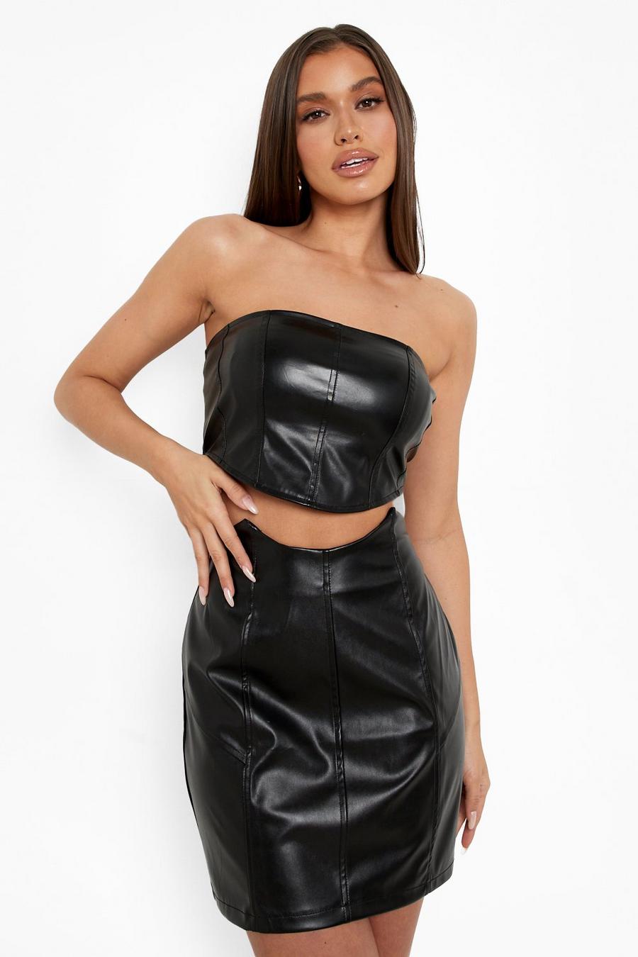 Black Panel Waist Detail Leather Look Mini Skirt