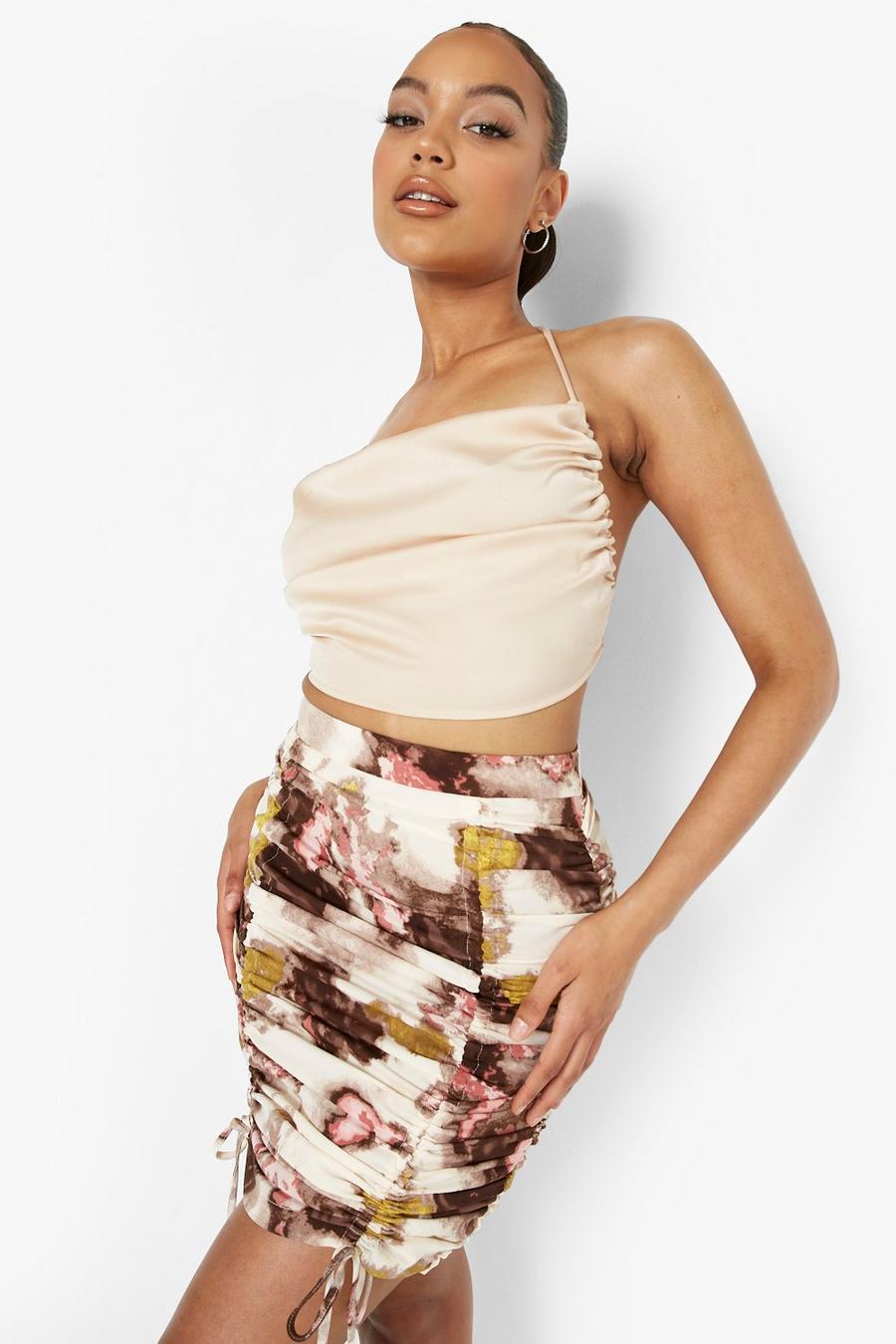Printed Woven Drawcord Ruched Mini Skirt
