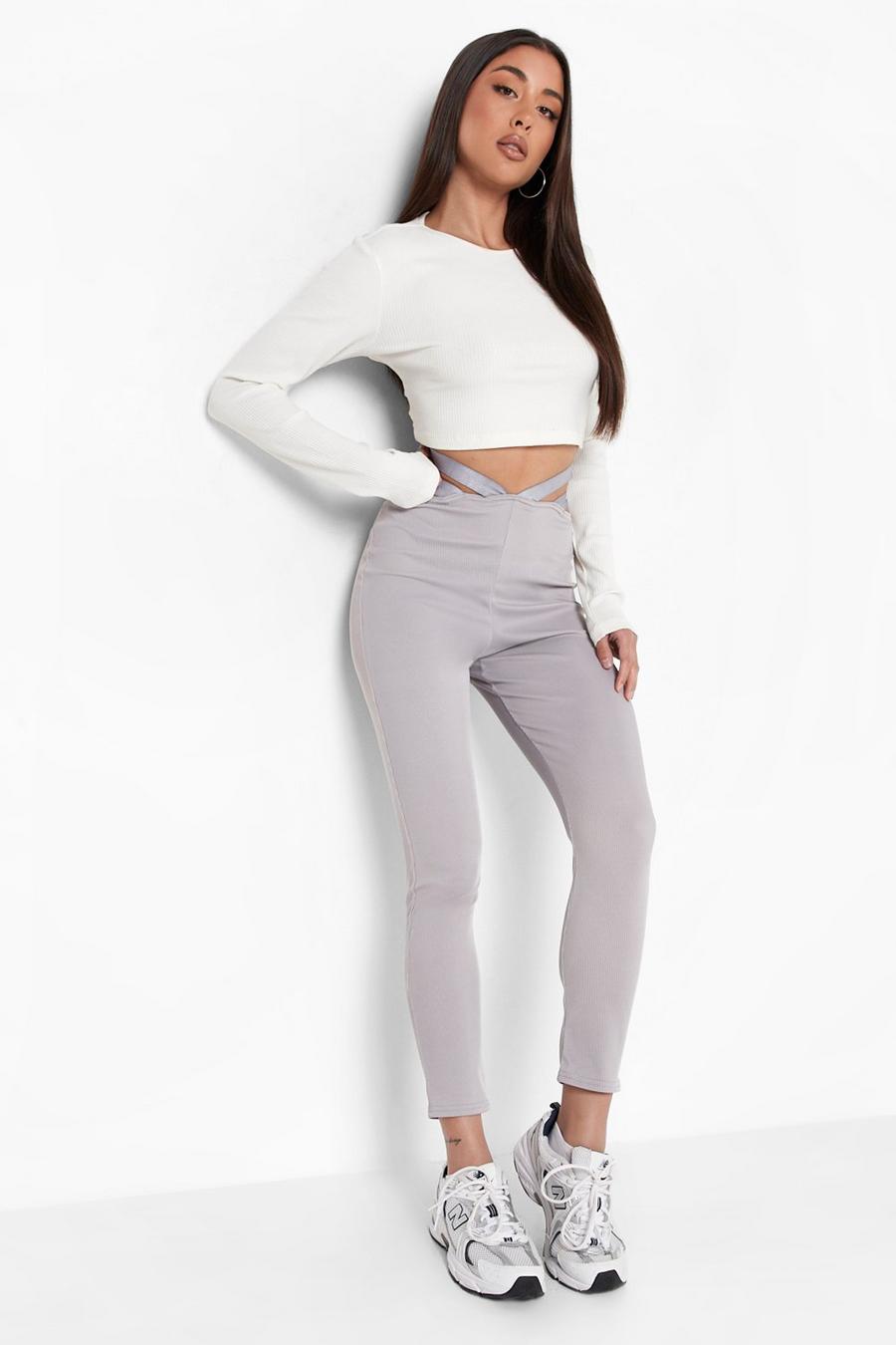 Grey Double Strap Waist Detail Ribbed Leggings image number 1