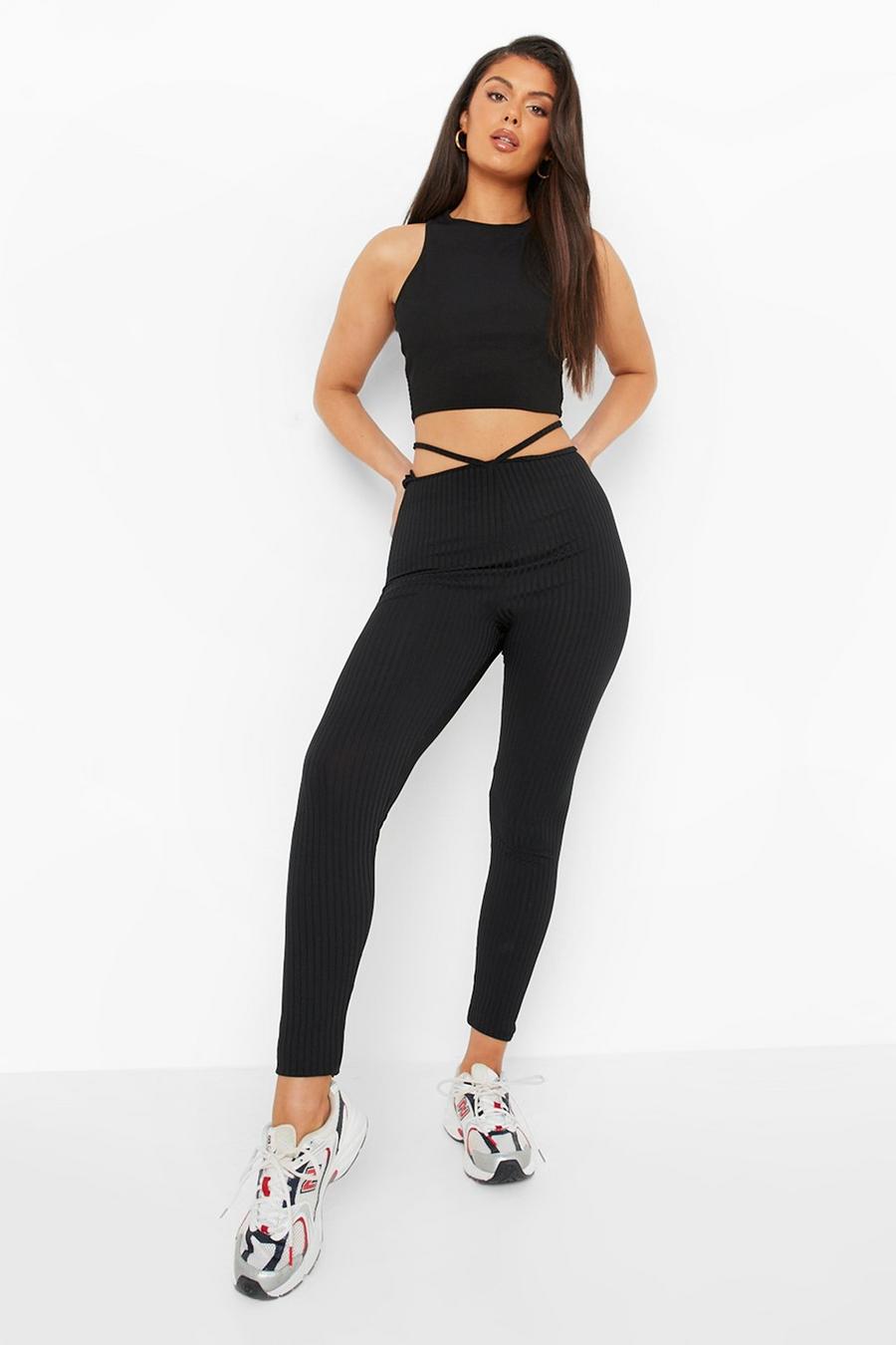 Black Pointed Waist Strappy Cut Out Ribbed Leggings image number 1