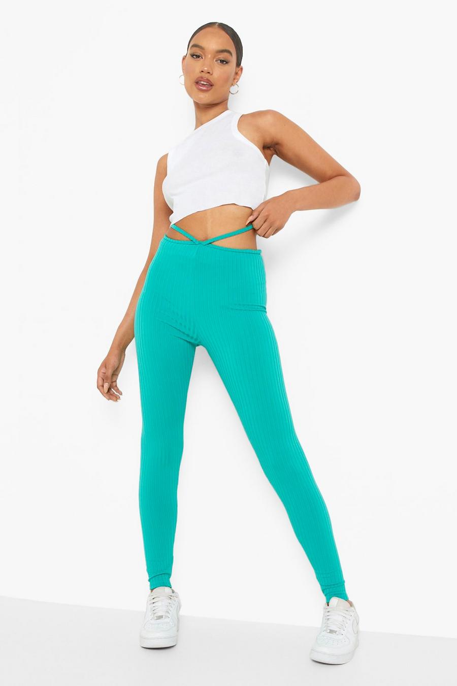 Green Pointed Waist Strappy Cut Out Ribbed Leggings image number 1