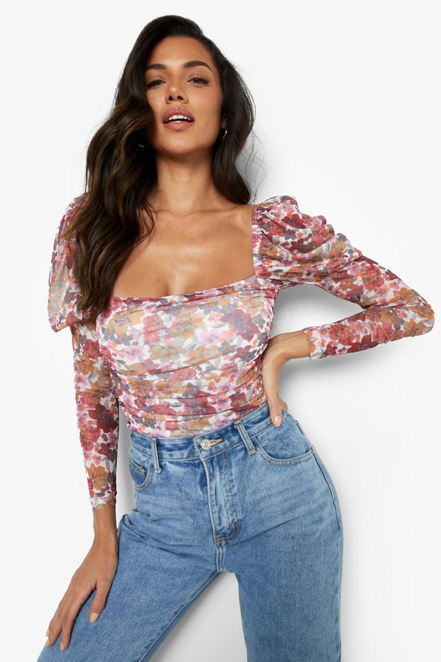 White Floral Puff Sleeve Bodysuit image number 1